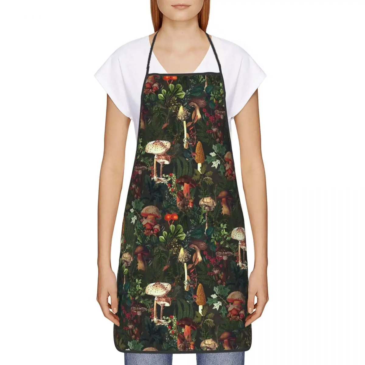 Unisex Vintage Night Mushrooms Apron Adult Women Men Chef Tablier Cuisine for Cooking Kitchen Botanical Forest Garden Painting