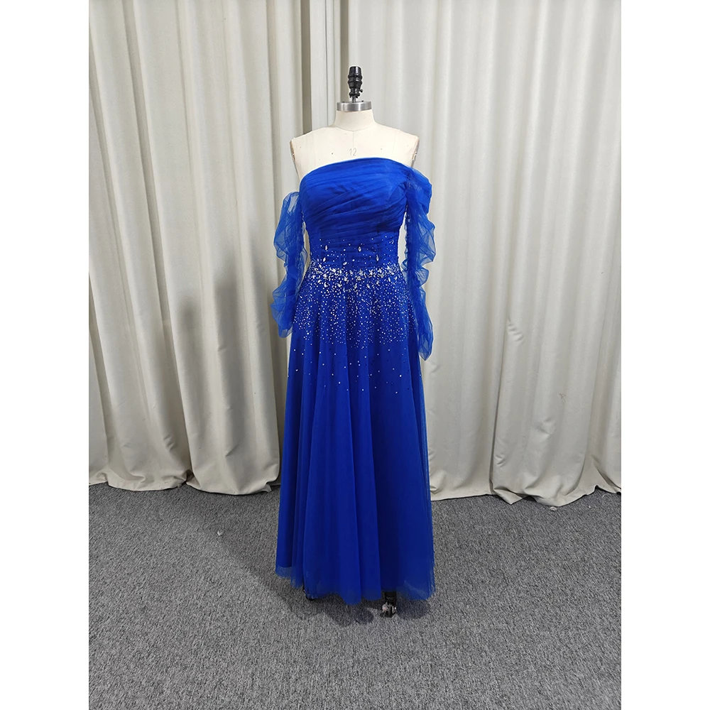 Customized Elegant Royal Blue Women Prom Party Dress 2024 Off Shoulder A Line Long Sleeves Tulle Evening Formal Gowns Dubai Robe