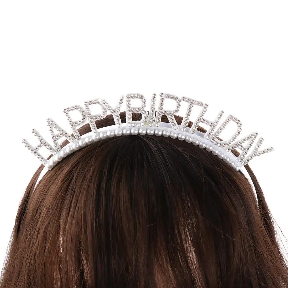 Requintado pérola decoração de aniversário carta liga feliz aniversário bandana strass coroa feminino jóias aniversário argola de cabelo