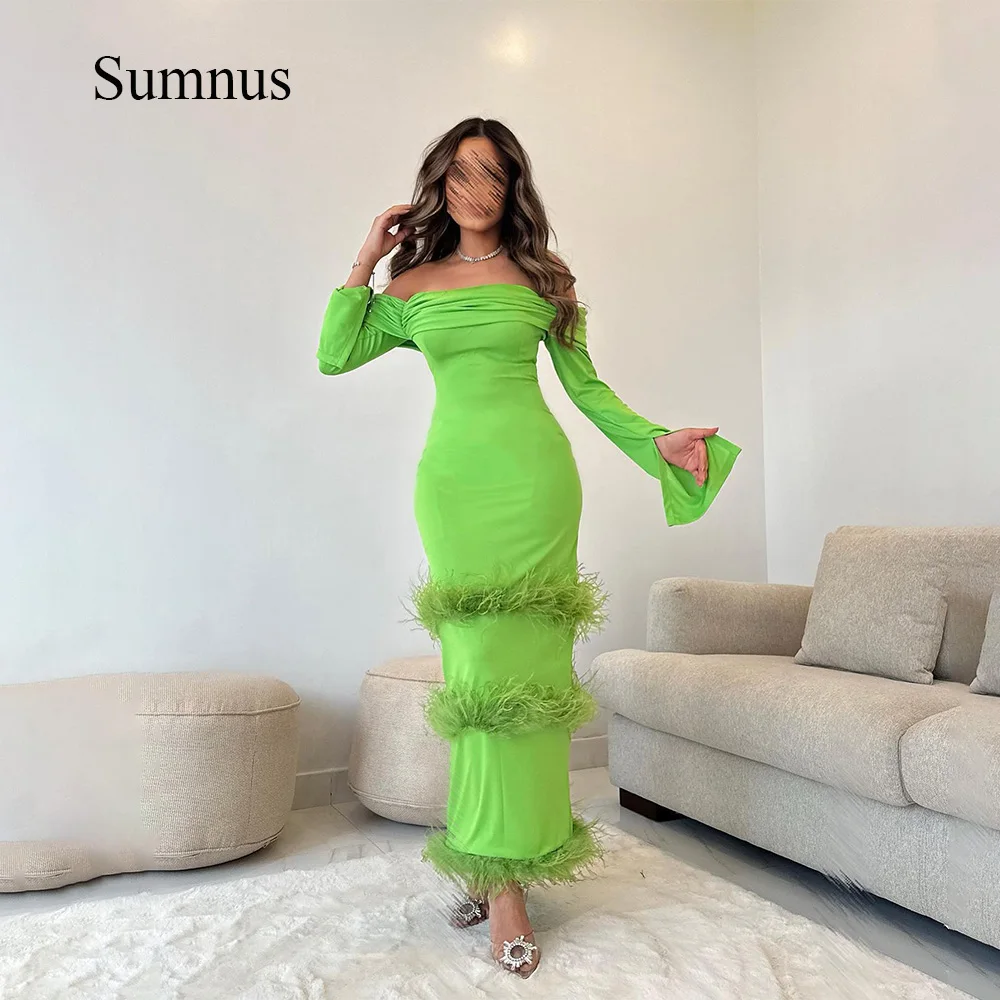 

Sumnus Green Mermaid Off Shoulder Evening Dresses Long Sleeve Tiered Feather Elegant Saudi Arabic Prom Party Gowns Formal Dress