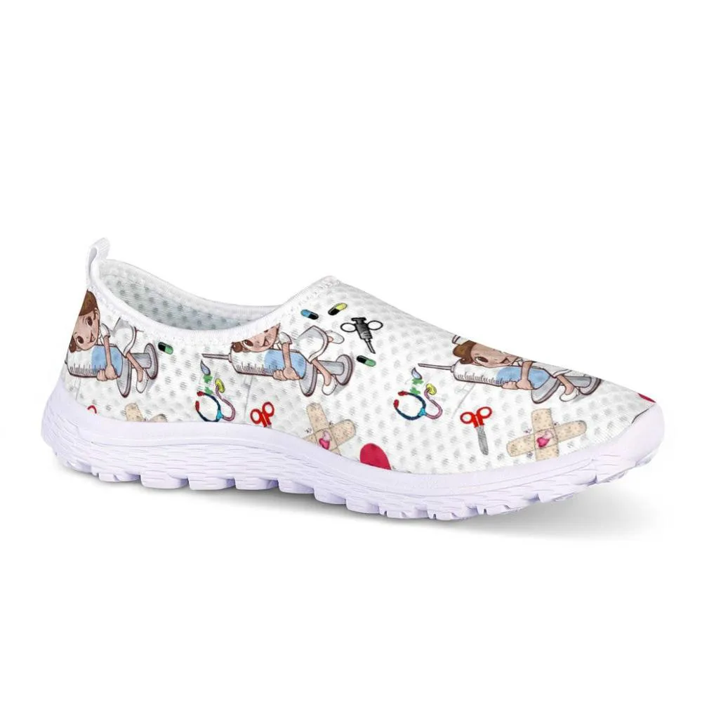 Women Sweet Cute Cartoon Nursing Doctor Printed Flats Shoes Casual Summer Slip on Sneakers Lightweight Nurse Ladies Shoe Loafers