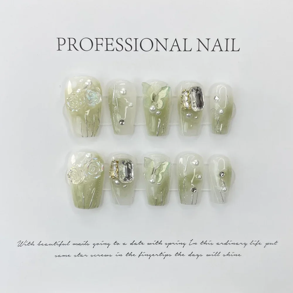 

Handmade Green False Nails Press on With 3D Design Reusable Adhesive Korean Nails Artifical Acrylic Nail Tips Nail Art for Girls