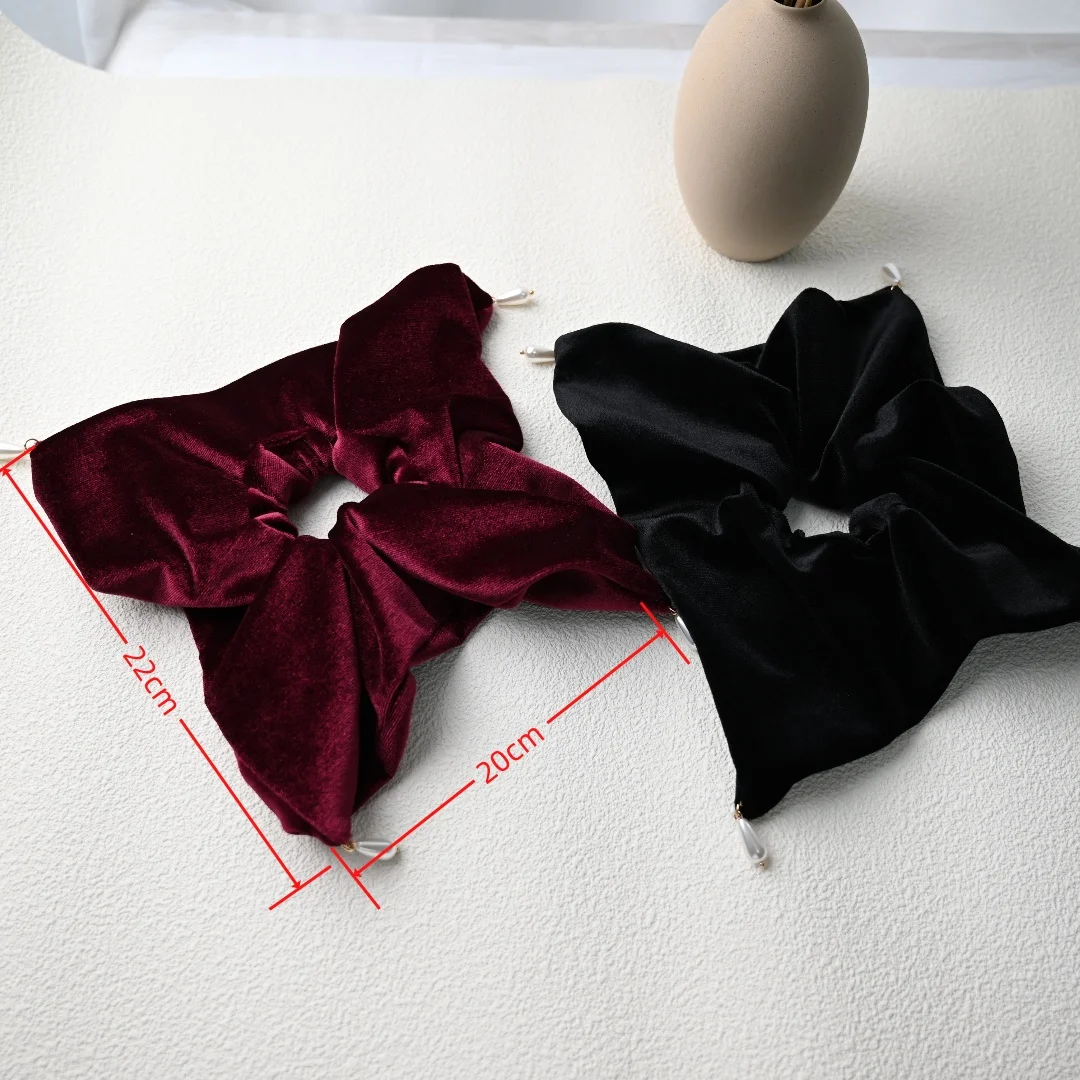 ربطات شعر Velet كبيرة للفتيات والنساء على الموضة الشتوية، ربطات شعر حمراء وسوداء، لآلئ صناعية لامعة