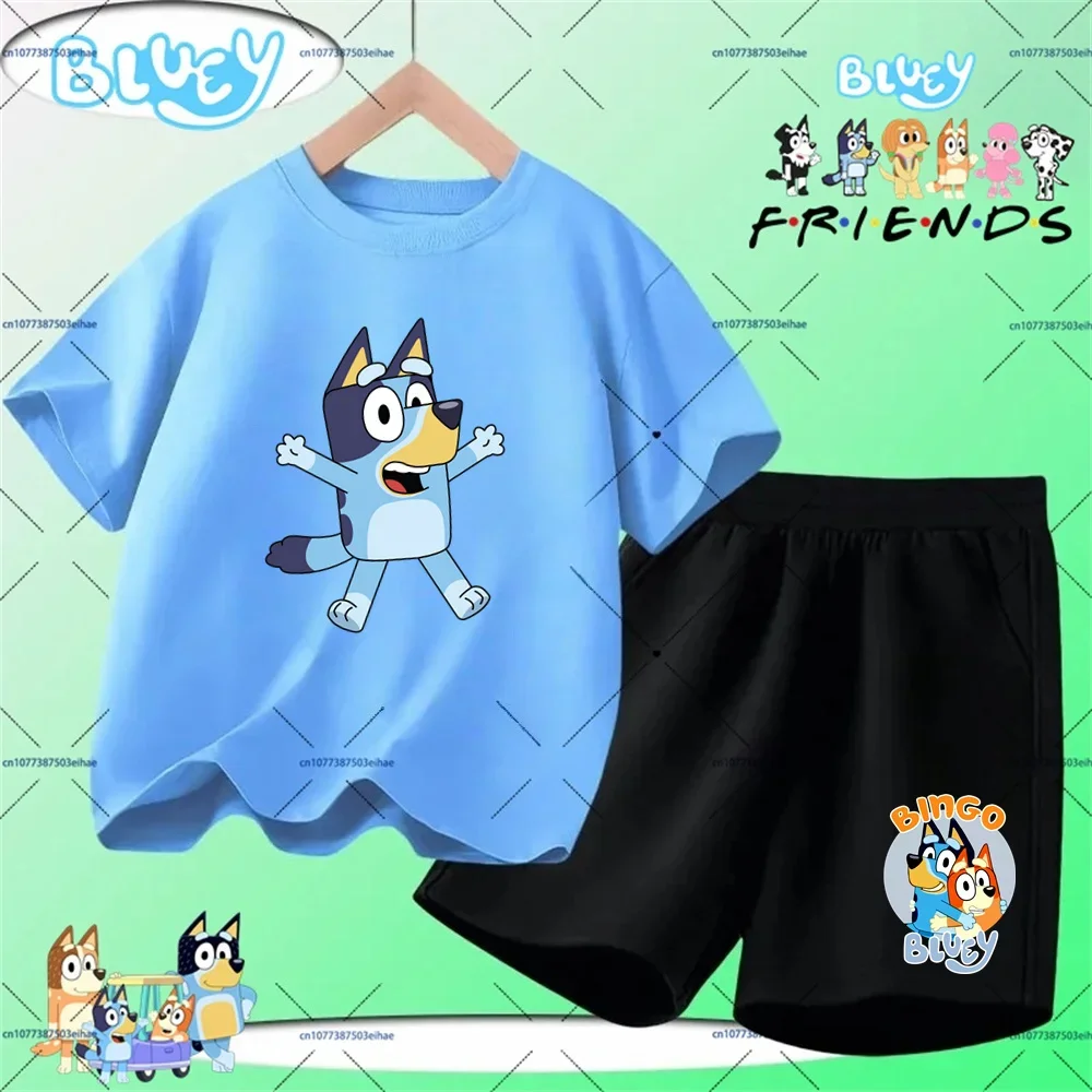 Conjunto de 2 Piezas de Verano para Niños con Dibujos Animados de Bluey, Camiseta de Manga Corta + Pantalones Cortos, Ropa Ligera, Suave y Transpirable para Actividades al Aire Libre