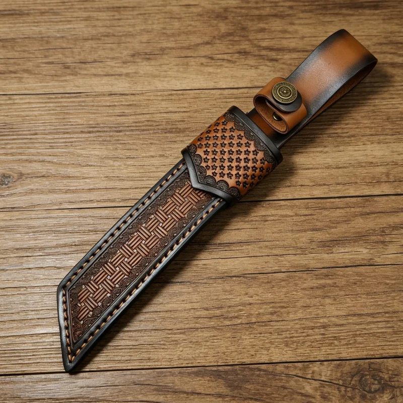 Vintage Woven Emboss Split Cowhide Knife Sheath Metal Snap Waist Belt Tool Scabbard Sheath Only No Knife Included