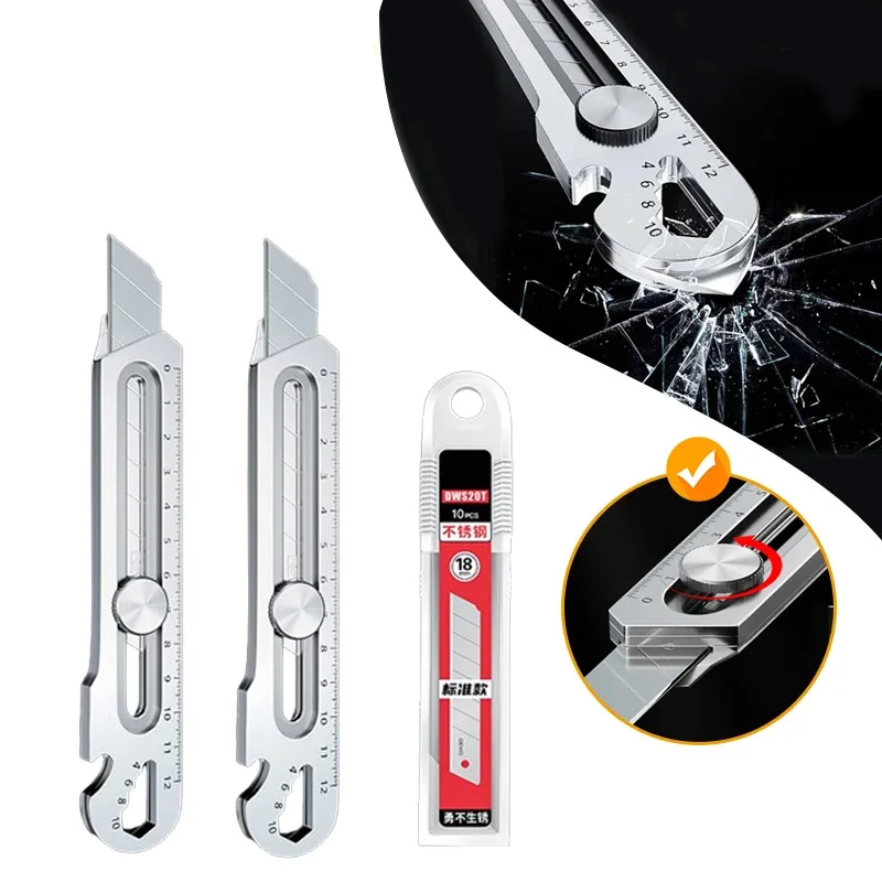 

6 In 1 Multi-Function Stainless Steel Utility Knife Tail Break Design/Ruler/Bottle Opener Retractable Box Cutter Art Supplies