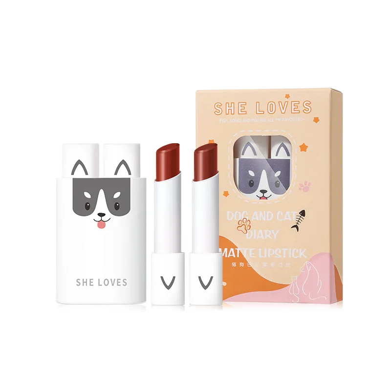 2 Pcs/set Cartoon Cat Lipstick Makeup Cat Lip Stick Set Waterproof Long Lasting Crystal Lipstick Moisturizing Lipstick Batom