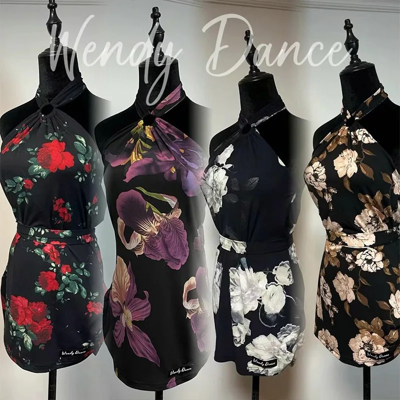 

Flower Print Latin Dance Tops Women Halter Neck Dress Club Prom Rumba Samba Salsa Dance Costume Adult Latin Practice Wear V23771