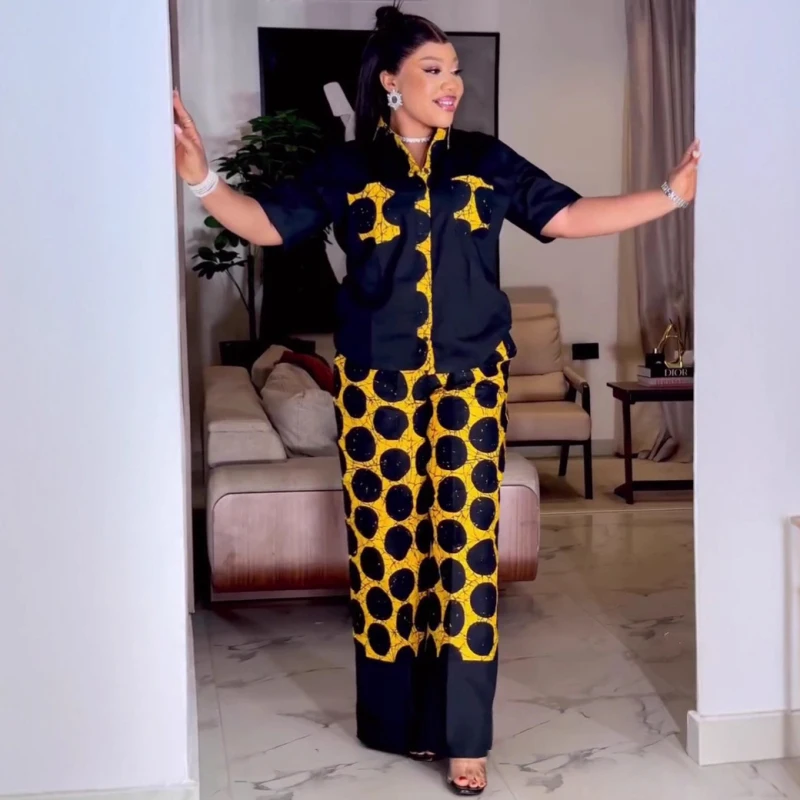 Neue Afrikanische Mode Frauen Zwei Stück Set Dot Gedruckt Kurzarm Shirt Top Und Hosen Set Outfits
