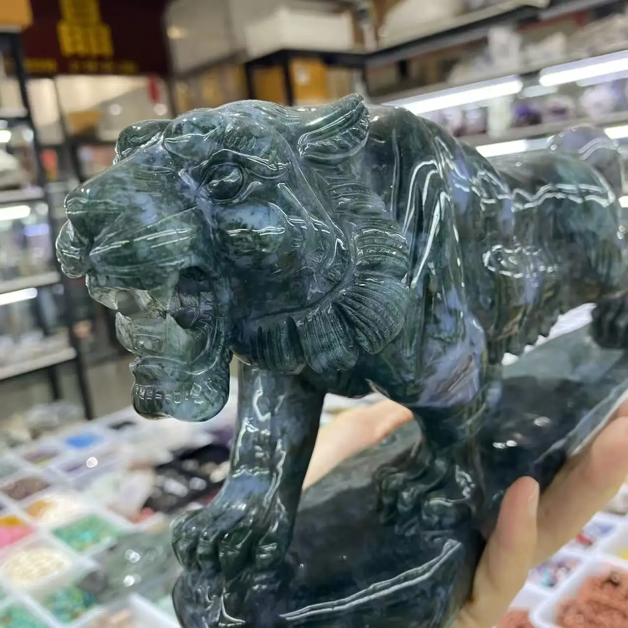 Natural Moss Agate Crystal Quartz Hand-Carved Tiger, With Healing Energy, As a Gift Or For Collection.