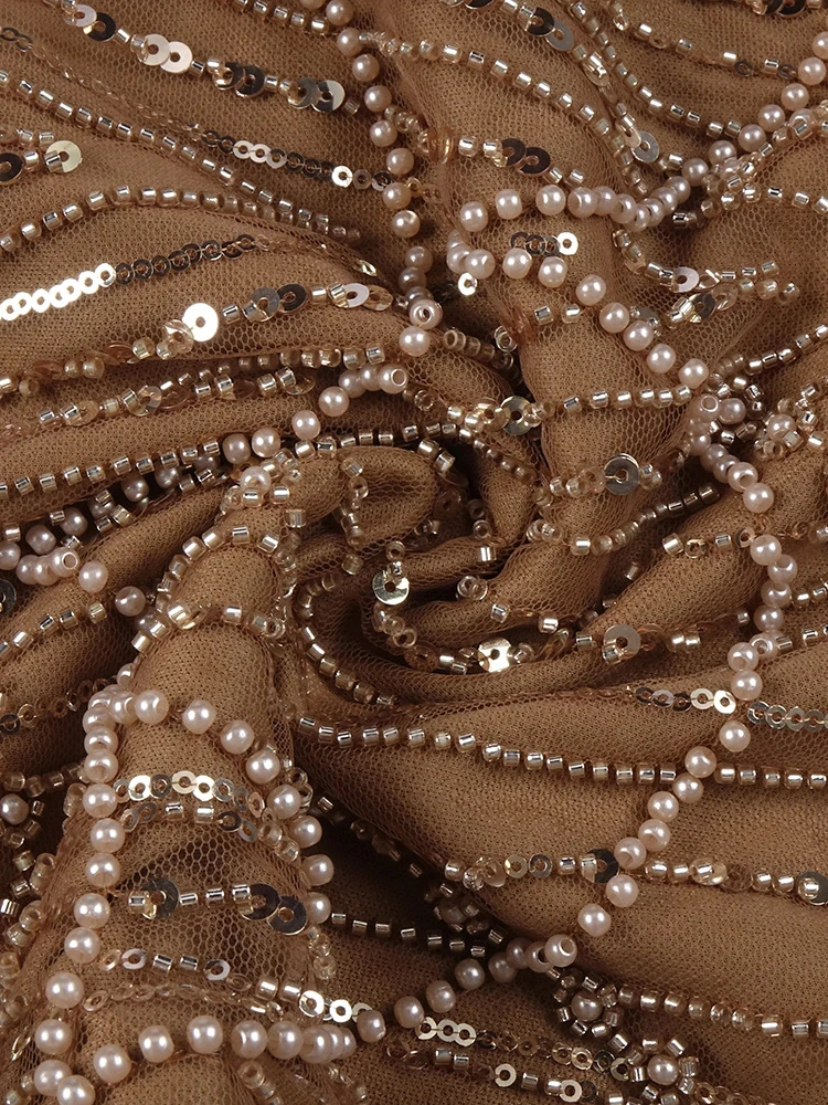 VC ชุดเดรสลูกปัดคริสตัลสีทองแขนกุดปิดไหล่สวยงามพร้อมถุงมือยาว