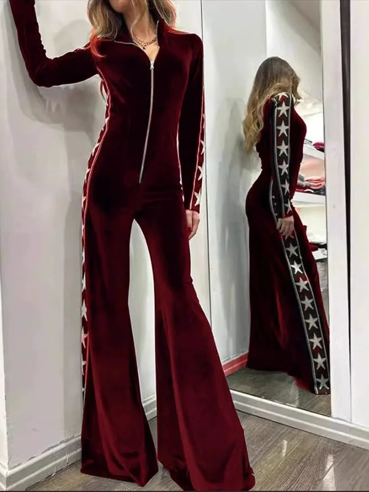 Long sleeved zipper lapel wide leg jumpsuit with velvet stitching star pattern Spring and Autumn jumpsuit