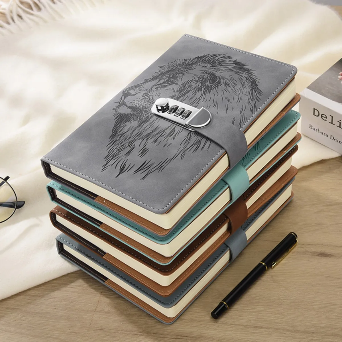 One A5PU 100 sheets/200 pages notebook, vintage password book with lock, diary clip, thickened creative manual ledger, student n