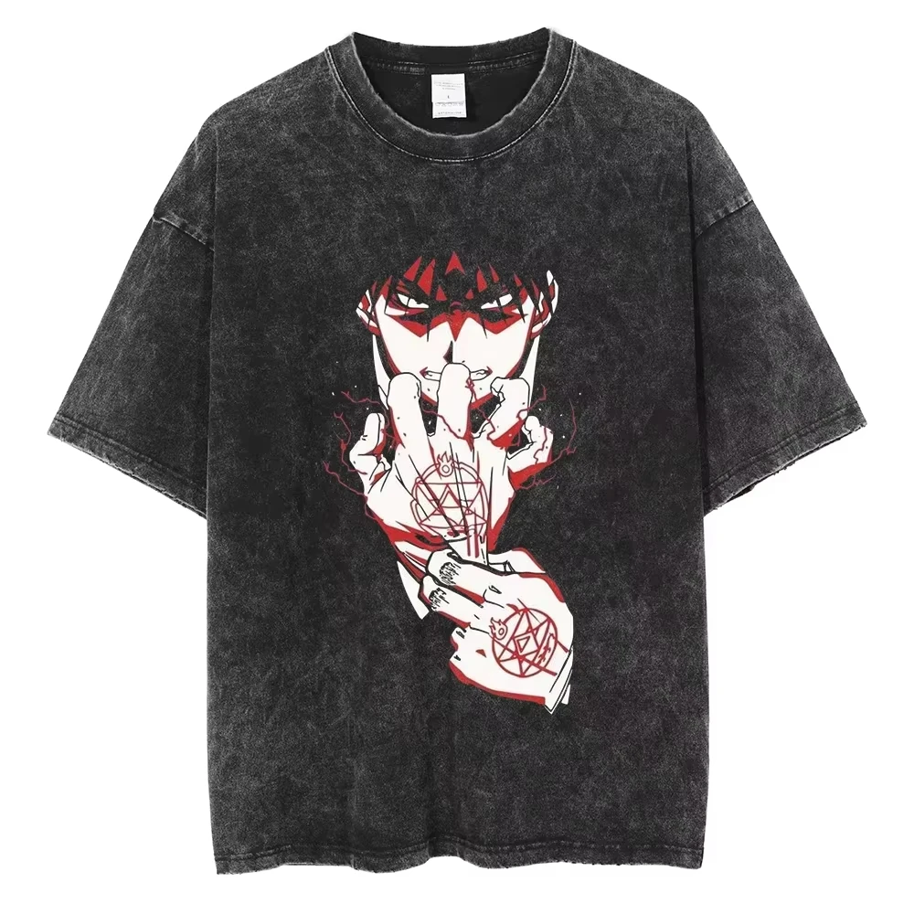 

Anime Hellsing Alucard Graphic Printed Washed T Shirt Men Vintage Manga Cotton T-shirts Y2K Streetwear Harajuku Men Casual Tops