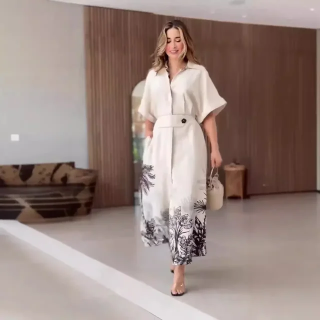 Sukienka damska Długie sukienki Kwiatowy nadruk Linia Kołnierzyk Obcisła talia Elegancki temperament 2024 Letnie kobiece kamizelki