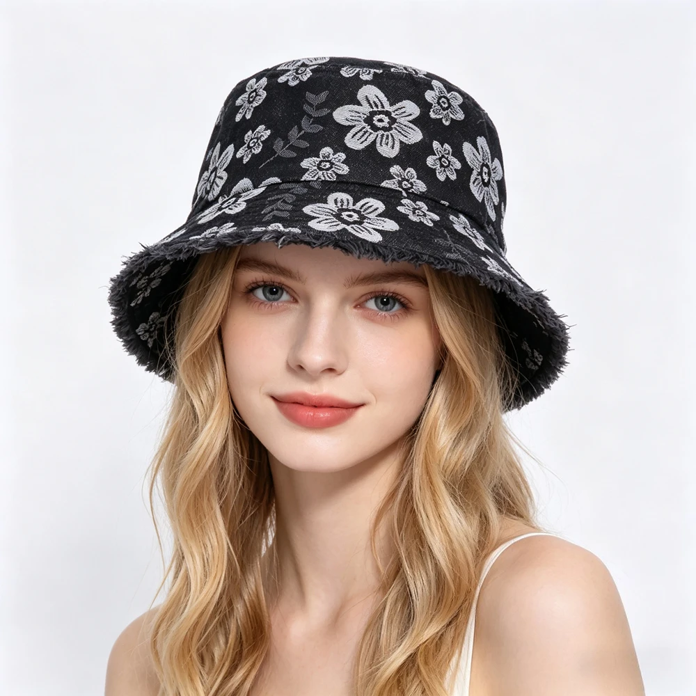 

New Unisex Denim Embroidery Floral Tassel Edge Summer Bucket Hat Women Outdoor Sunshade Casual Beach Fisherman Cap Sun Hat Gift