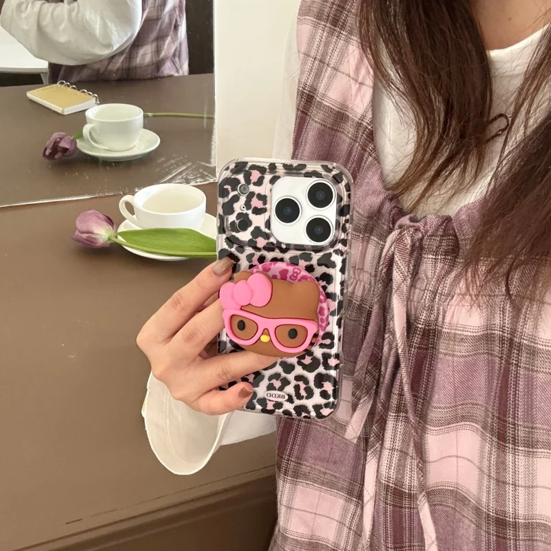 

Luxury Pink Blue leopard Magsafe Wireless Charge Case For iPhone 13 14 15 16 17 Pro Max Y2K Cute Hello Kitty Magnetic Holder