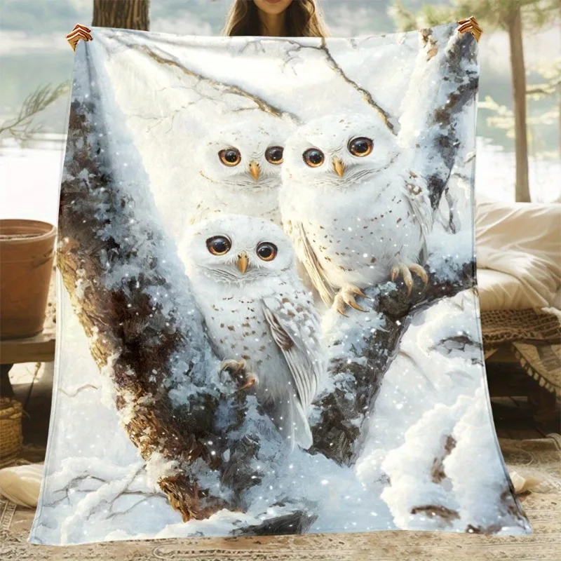 Bequeme Flanelldecke mit Eulenmuster – weich, leicht, warm, ganzjährig luxuriöses Schneeadler- und Schneewalddesign