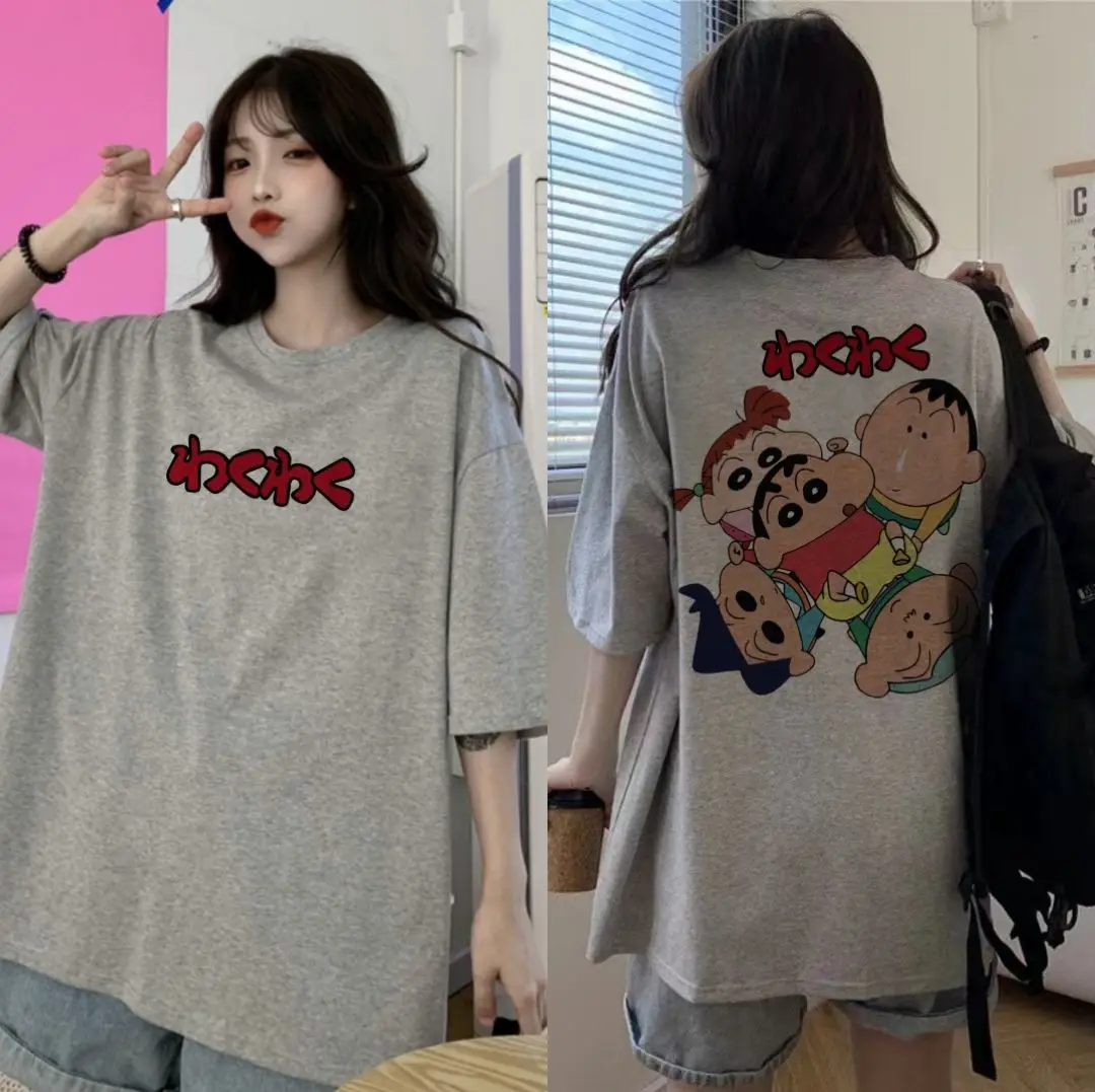 New Manga Style # Crayon Shin Chan # Pattern Cotton Oversized Loose Casual T-shirt Adult/Children Parent Child Top Y2k