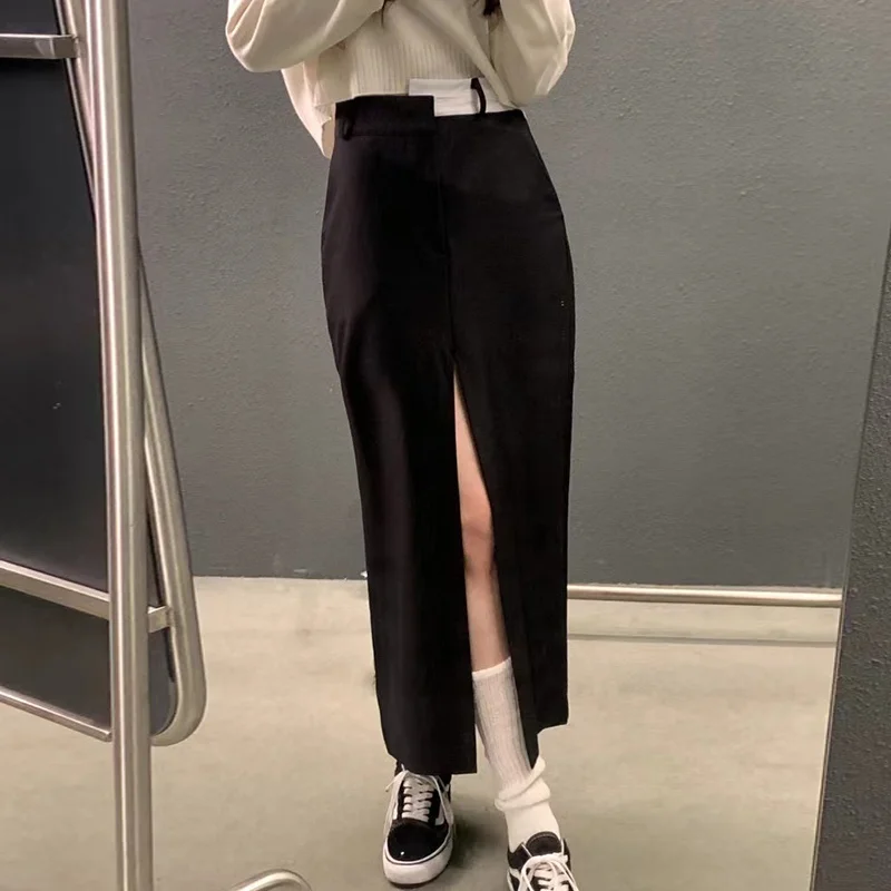 

Chic Summer High Waist Asymmetrical Slit Design Slimming Long f-length Skirt Faionable Versatile Bodycon Skirts