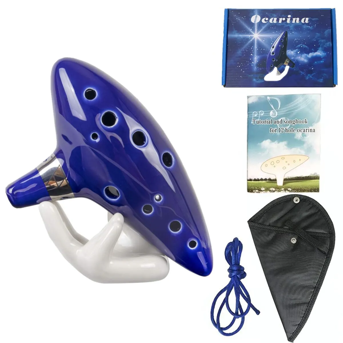 Ocarina,12 Tones Alto C Ceramic Ocarina Musical Instrument with Song Book Neck String Neck Cord Carry Bag, Blue