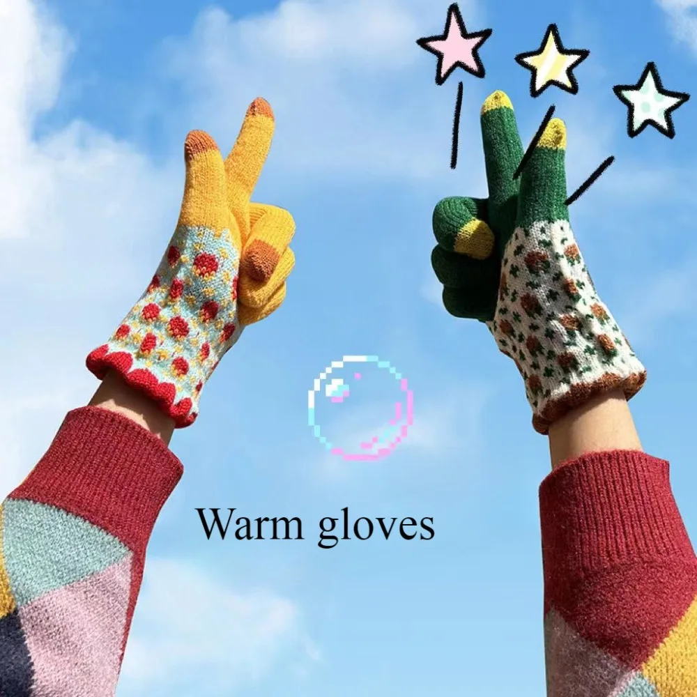 Winter warm gloves cute winter knitted ladies plus velvet cycling windproof knitted touch screen gloves