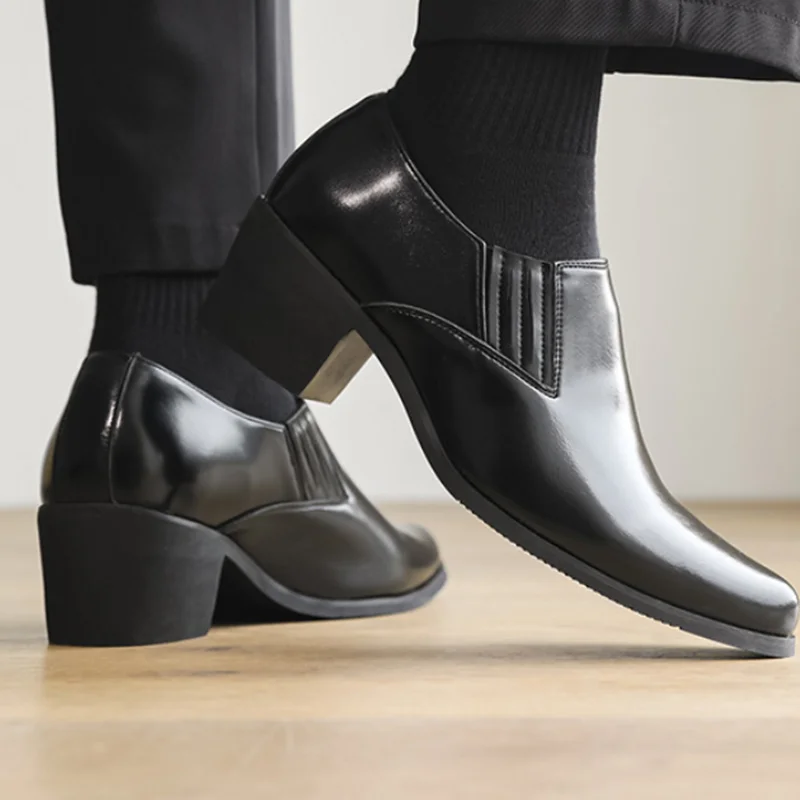 Pointed High Heel Leather Shoes For Men In British Business And Casual Heightened Wedding Shoes Korean Style Shiny Hairstylist