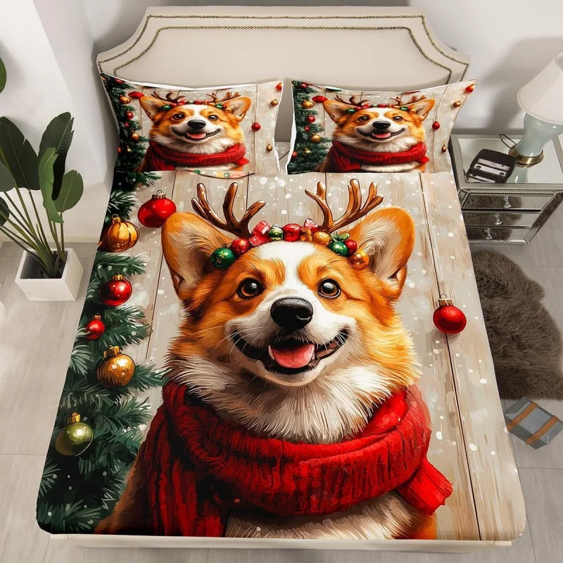 Children's bed sheet, Christmas pine wood shelf, rural bedding set, room decoration, cartoon dog animal pet bed cover, bed sheet