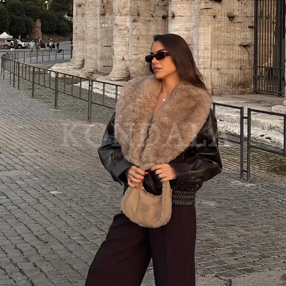 KONDALA 2025 秋冬 フェイクファー襟 パッチワーク PUレザー レディース 暖かいジャケット ファッション エレガント ダブルブレスト レディースコート