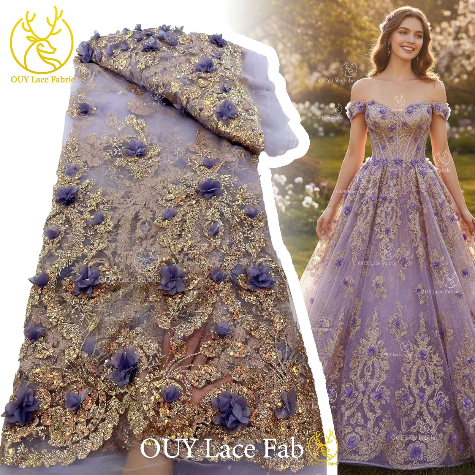 

Элегантная французская кружевная ткань с 3D цветами, блестками и пайетками, новый стиль 2026 года, нигерийская кружевная ткань с бисером для пошива свадебных платьев, 5 ярдов