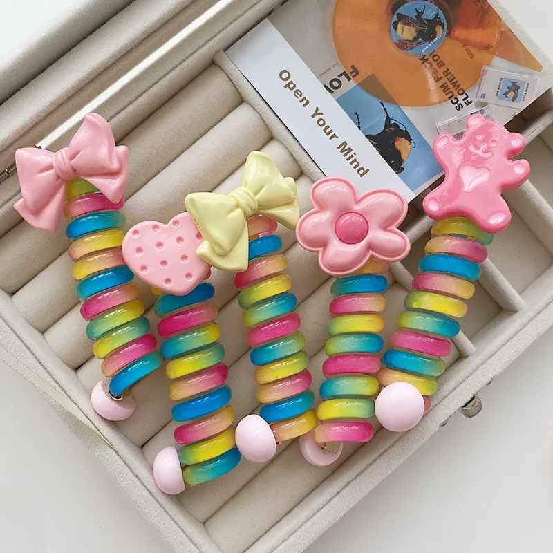 Girls Cute bow Telephone Wire Hair Tie Kids Elastic Spiral Hair Coils Rubber Bands Women Ponytails Holder Hair Rope Accessories