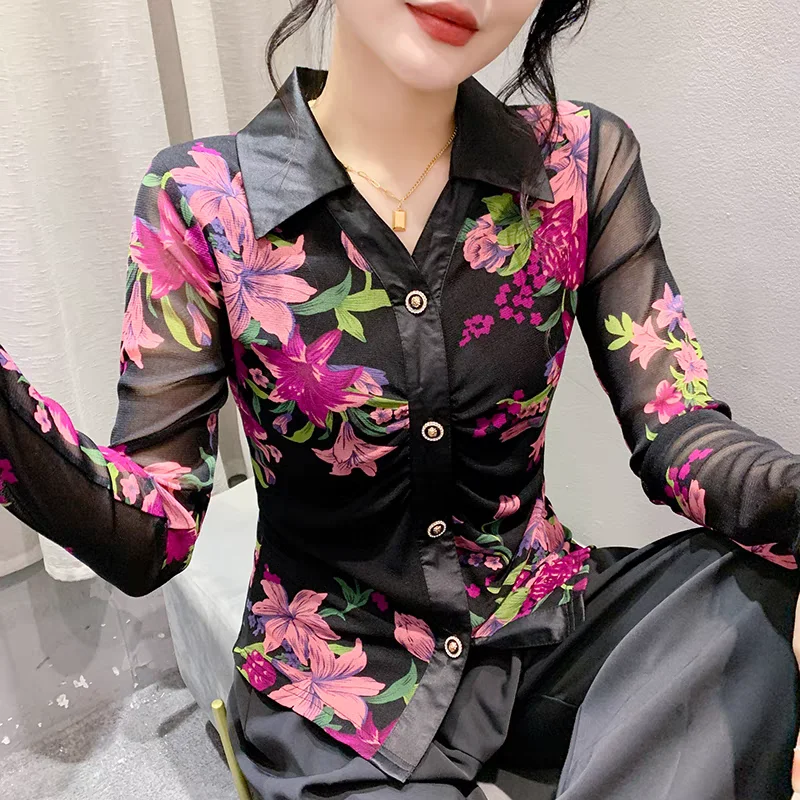 New Autumn European Clothes Women Chic Sexy Turn-down Collar Floral Printing Tops Fashion Single Breasted Long Sleeve Shirts