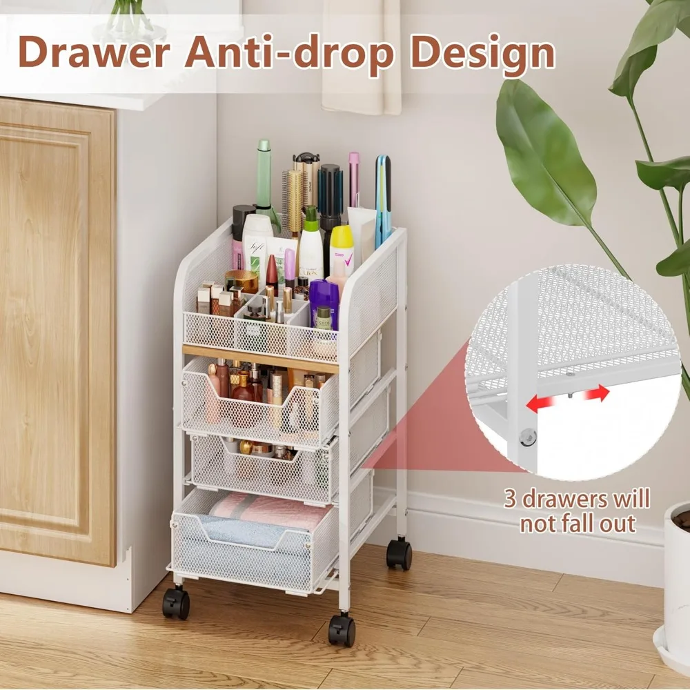 3-Drawer Rolling Makeup Cart with 4 Tiers, Slim Vanity Organizer for Cosmetics and Hair Tools in White