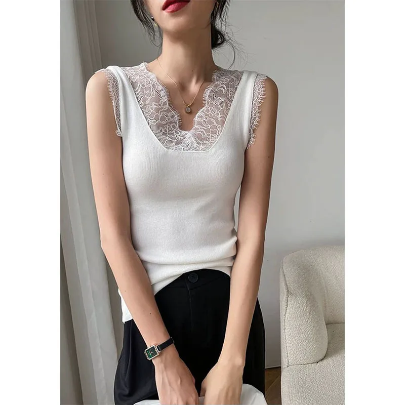 2026 Summer New V-neck Lace Sling Vest Women's Outer Wear Hollow Back Knitted Sleeveless Top