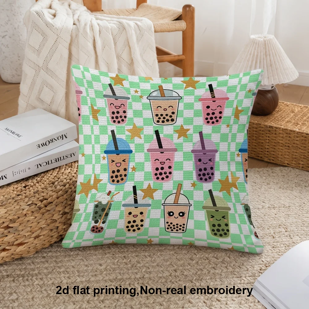 2D Flat Printing, 1pc, Kawaii-style Boba Tea Cups with Stars on a Checkered Background, Pillow Cover, Double-sided Printing, Polyester, Decorative Pillowcase, Suitable for Family Bedrooms and Living Rooms, Pillowcase, 2D Flat
