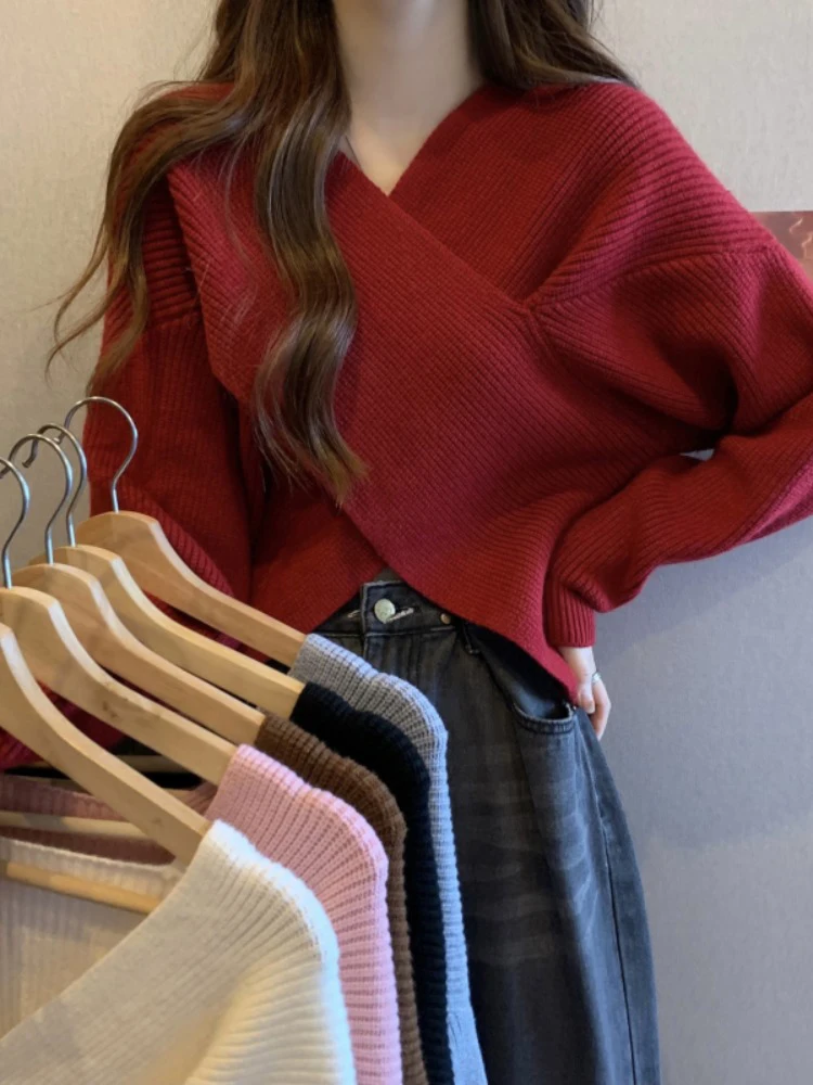 Early Autumn Design Lazy Style Women's Knitted Sweater Inner Wear Slimming Top Red Color Base Layer V-Neck Long Sleeve Slim Fit