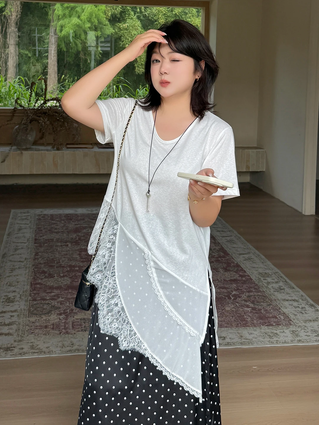 plus Size Women's Lace Patchwork T-Shirt Short Sleeve Irregular Design Slimming Top Casual Loose Fit High Waist A-Line Skirt