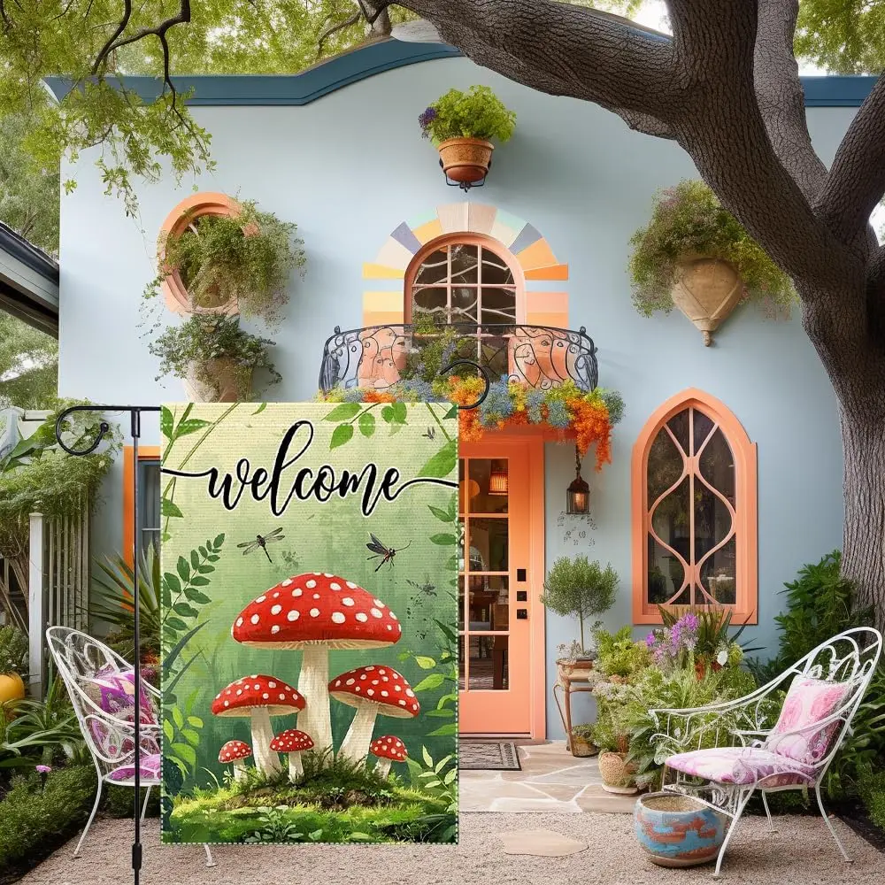 Welcome Spring Summer Mushrooms Garden Flag 12x18 inch Double-Sided Small Burlap Yard Outside Lawn Rustic Farmhouse Decorati EEZ