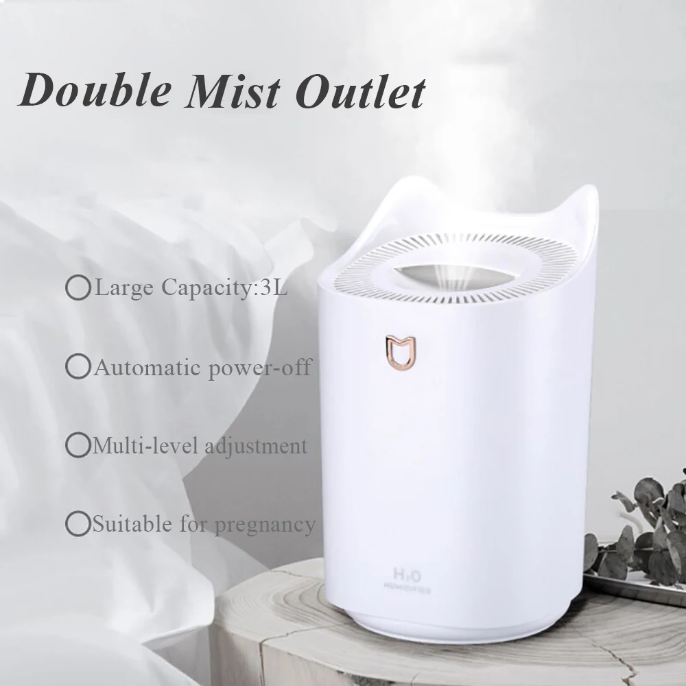 3L USB Máy Tạo Độ Ẩm Không Khí Tinh Dầu Hương Thơm Khuếch Tán Đôi Vòi Phun Đèn LED 7 Màu Siêu Âm Ẩm Khuếch Tán Hương Thơm