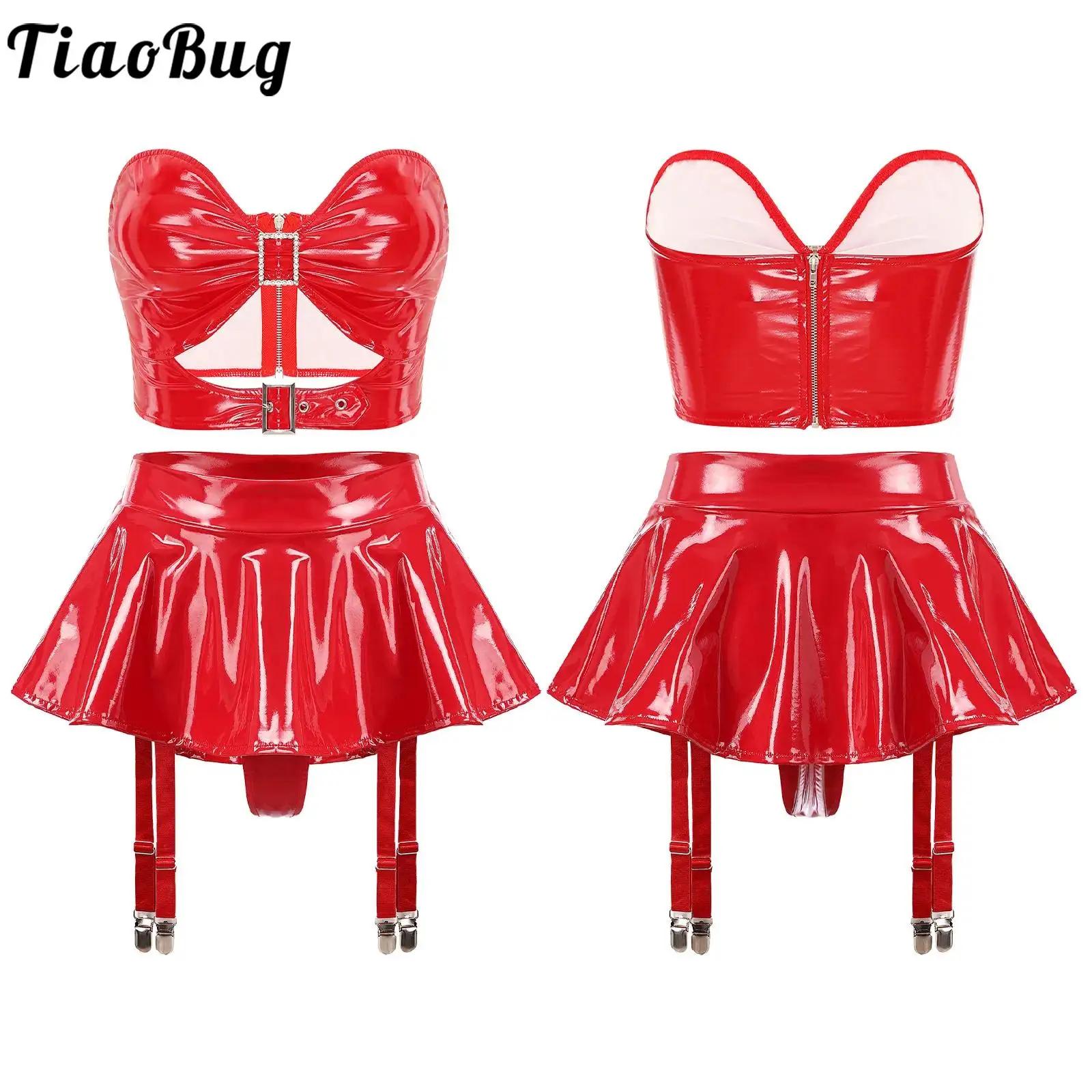 

Women Patent Leather Lingerie Clubwear Outfit Wet Look Latex Rave Party Dance Costume Hollow Out Bra And Garter Belts Miniskirts
