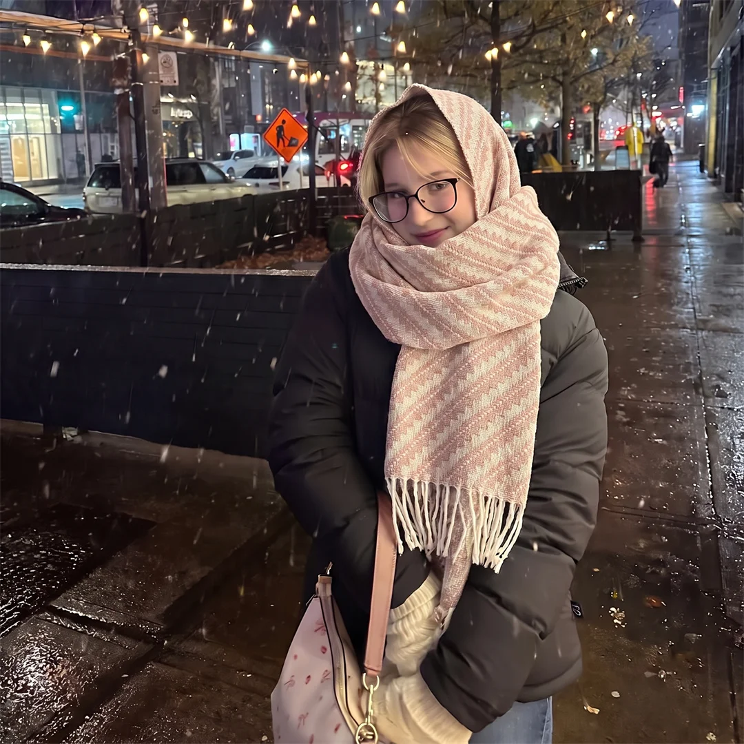 Pink White Cute 30x180cm Plaid Scarf Women Soft Tassel Shawl Pastel Color Winter Scarf for Snow Date Streetwear Teenager