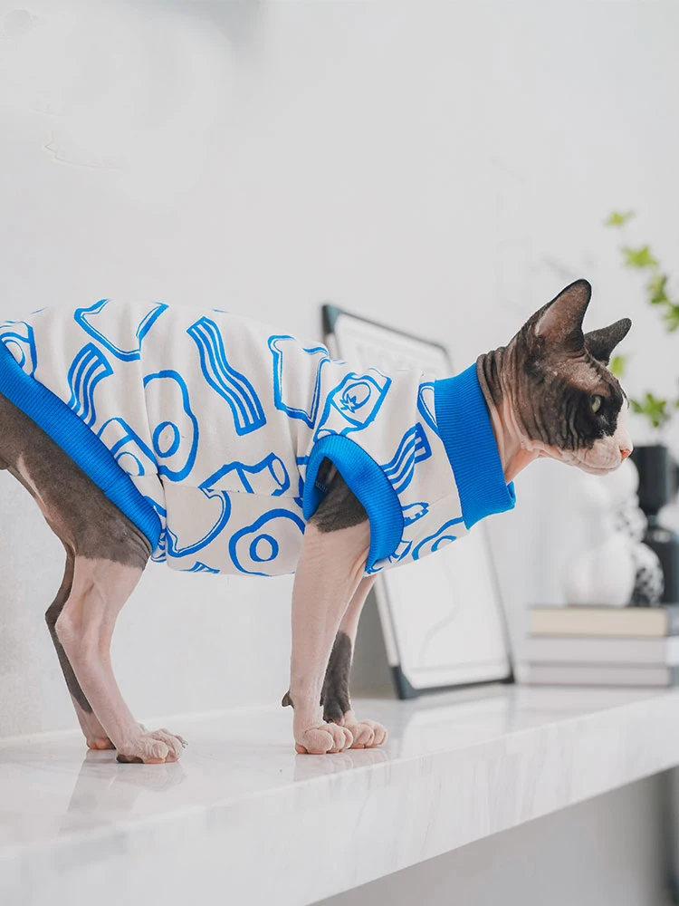 Sphynx Cat Blue Cotton Vest Hairless Cat Clothes Spring Cartoon T-Shirt for Devon Rex Comfort Coat in Summer Outwear For Kittens