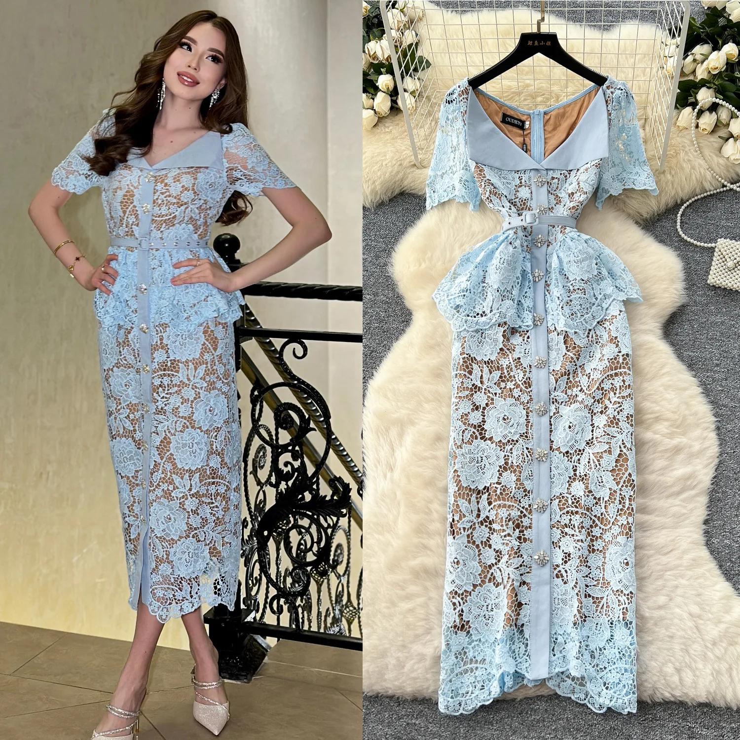 Long Lace Prom Dress Women 2026 Summer Dresses Short Sleeve Embroidery Single Breasted Beaded Diamonds Evening Party Midi Robe