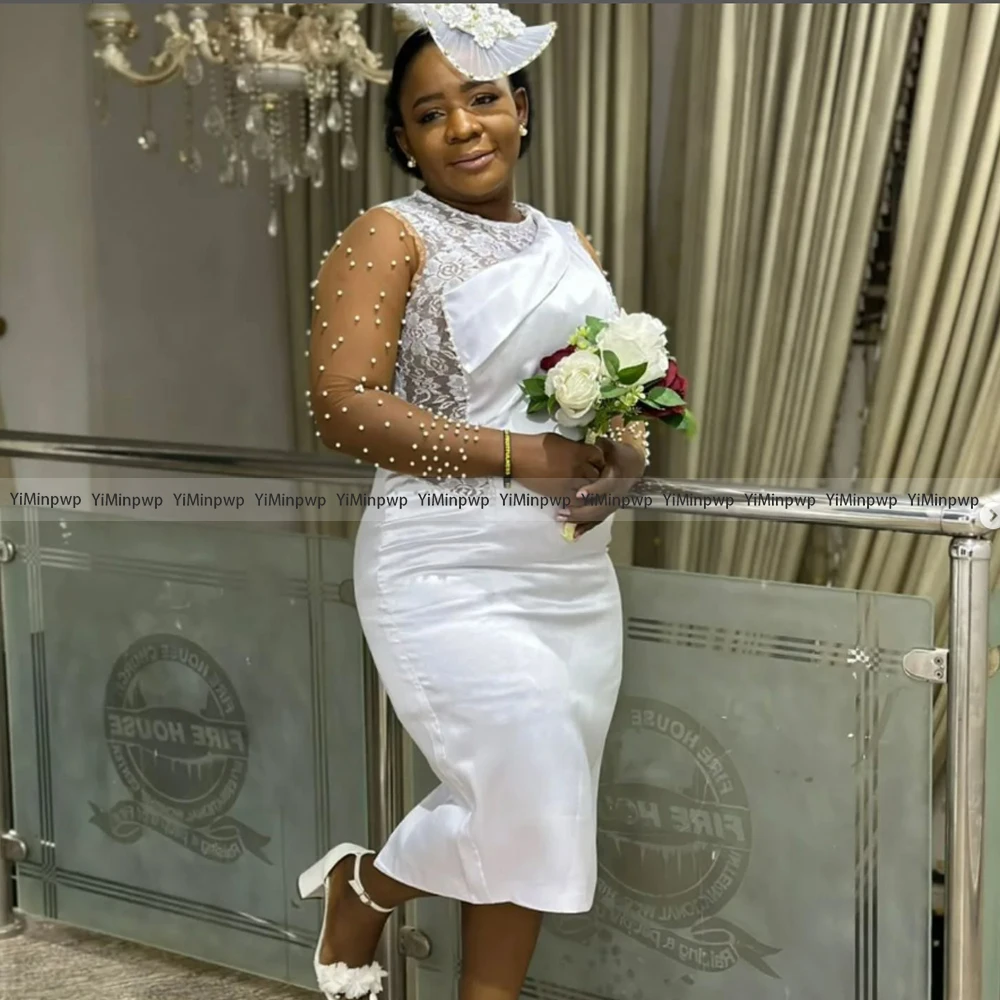 

Customized African Beaded Mermaid Wedding Dress 2025 New Style Illusion Sleeve Lace O-neck Pleat Fashion Wedding Gown 2025