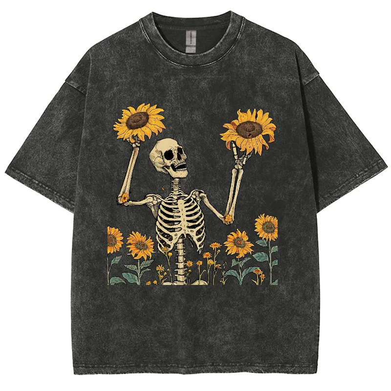 Skull Sunflower Print Fashion Design t-shirt Teen Student oversize allentato manica corta High Street Hip Hop Top estate 2024