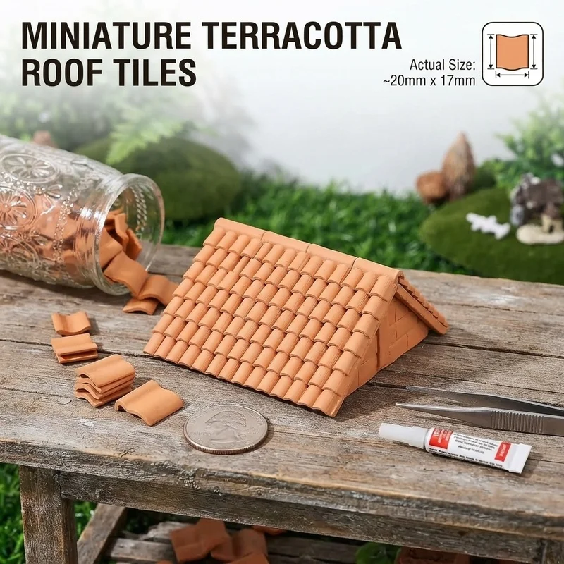 Miniature Roof Tiles Set 100pcs with Tweezers and Scraper, Realistic Micro Landscape DIY Building Materials for Sand Table Model