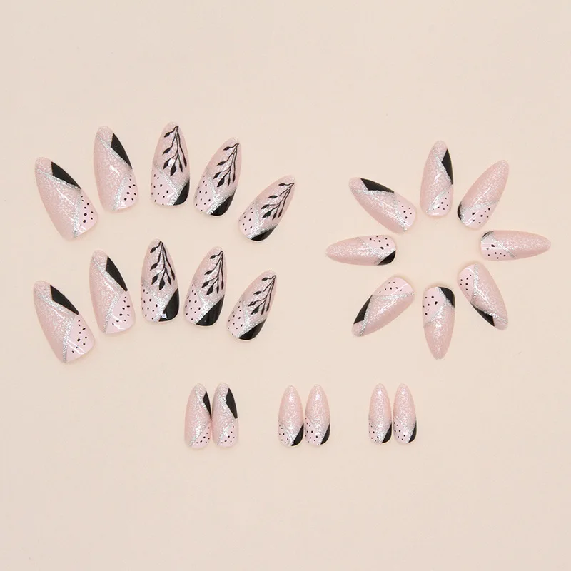 

24Pcs Gothic Glam Press-On Nails - Black/Pink Split Design With 3D Leaf&Glitter Lines Long Almond Shape Edgy Elegance False Nail