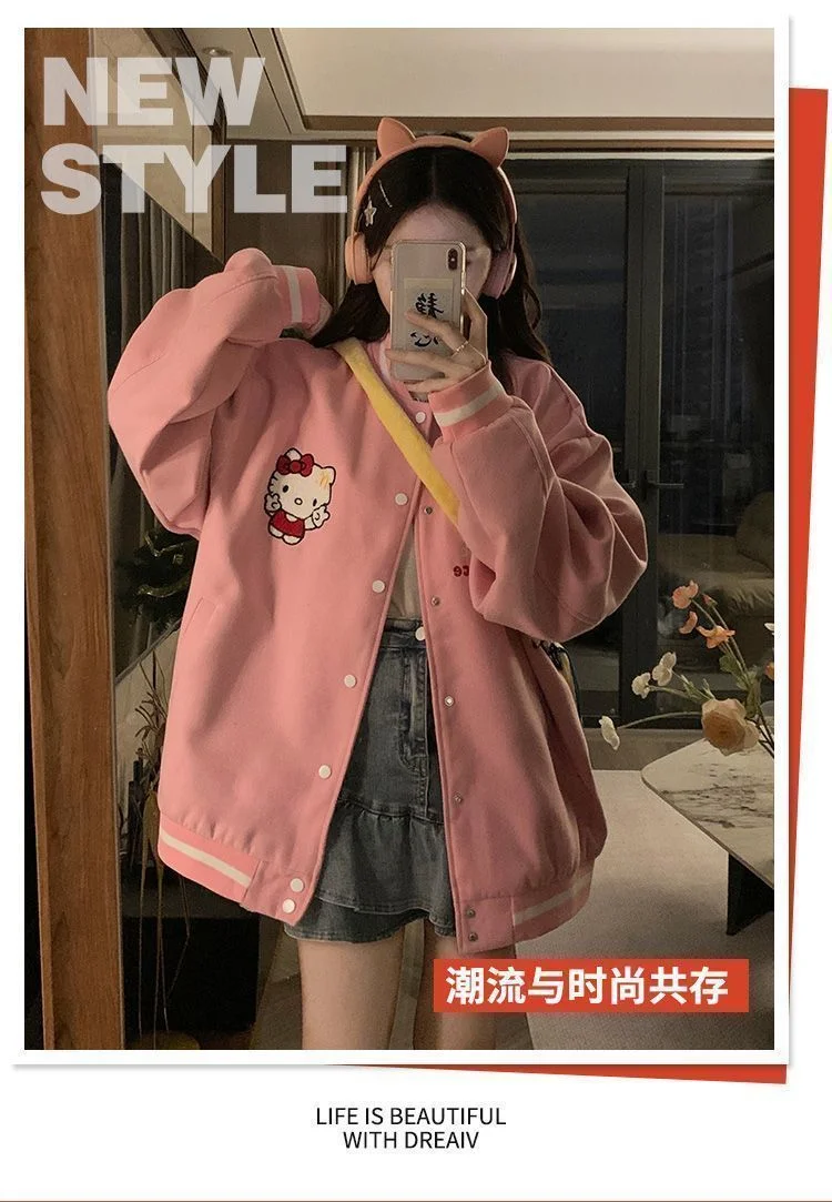 

Sanrio Korean Version Hello Kitty Baseball Jacket Soft Blend for Women Spring Autumn Casual 2026 New Oversize Trendy Loose Fit