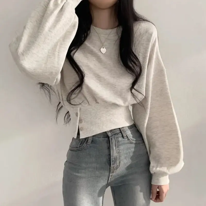 Sweatshirts Women Crop Sporty Leisure Autumn Ulzzang Buttons Design Baggy Defined Young Street Aesthetic Temper Daily Harajuku