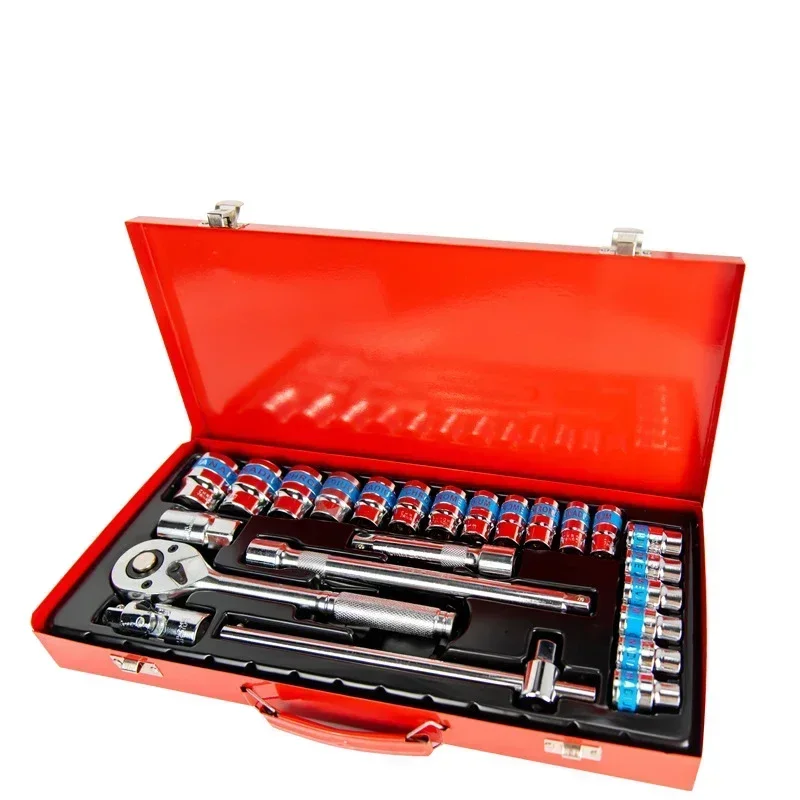 

24-piece red and green iron box car repair tool box and ratchet wrench socket set mechanic tools set box